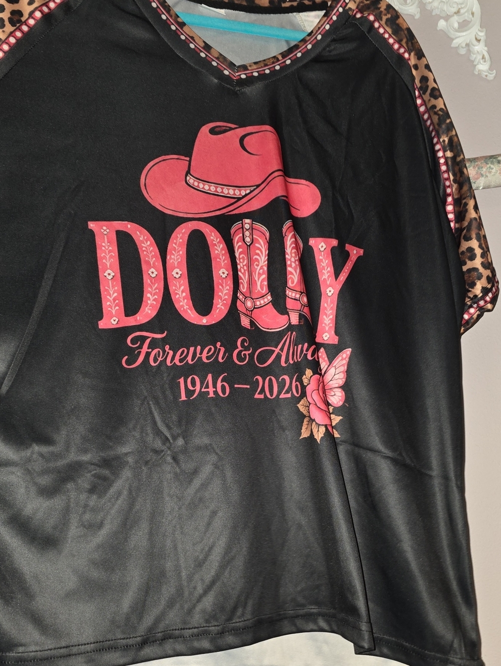 Dolly Forever & Always Leopard Sleeve Womens Tee - Black W Pink Graphic Cowgirl